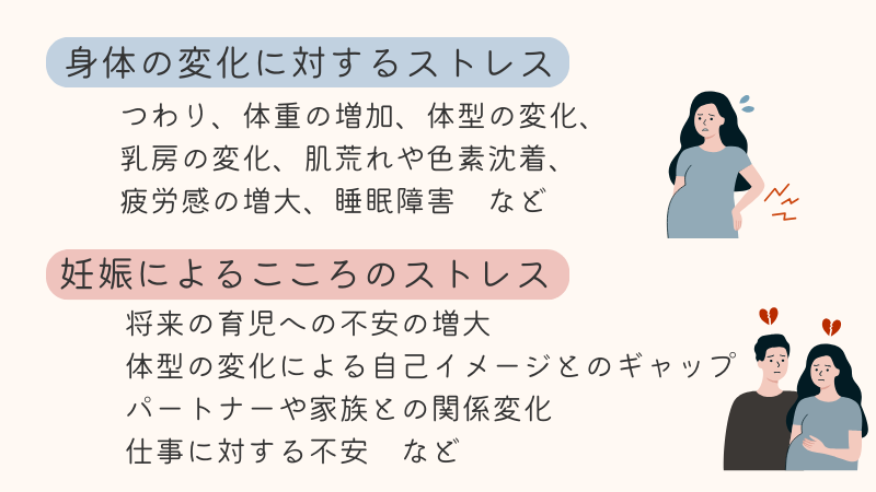 妊娠うつの原因はつわり(吐き気、嘔吐、特定の臭いに耐えられないなど)、体重の増加、体型の変化(お腹が大きくなる、浮腫みやすくなるなど)、乳房の変化(乳房が張る、乳首や乳輪の色変化)、肌荒れや色素沈着、疲労感の増大、睡眠障害といった「身体の変化」に対するストレスと、将来の育児への不安の増大、体型の変化による自己イメージとのギャップ、母親になることへのプレッシャー、パートナーや家族との関係変化、仕事に対する不安といった精神的ストレスがあります